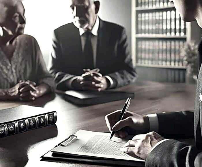 Yaşlı müvekkiller ile miras hukuku hakkında görüşen miras avukatı